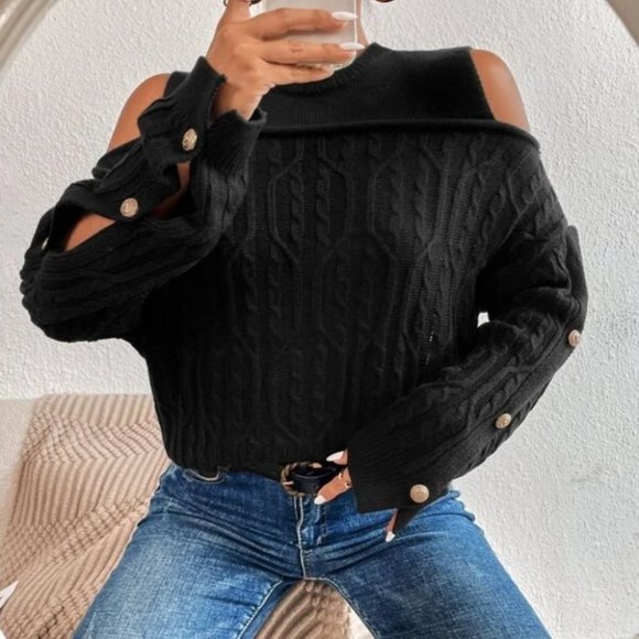 BLACK Button Detail Cold Shoulder Knit Sweater Top - Picture 3 of 6